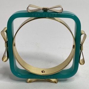 TED BAKER Logo Acrylic Bow Bangle Bracelet Seafoam Green Gold Tone London Vintag